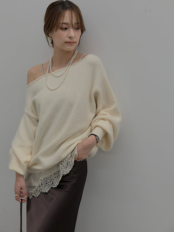 【SET】【premium touch】2wayショルダーニットプルオーバー+ナローAラインサテンスカート(2set)