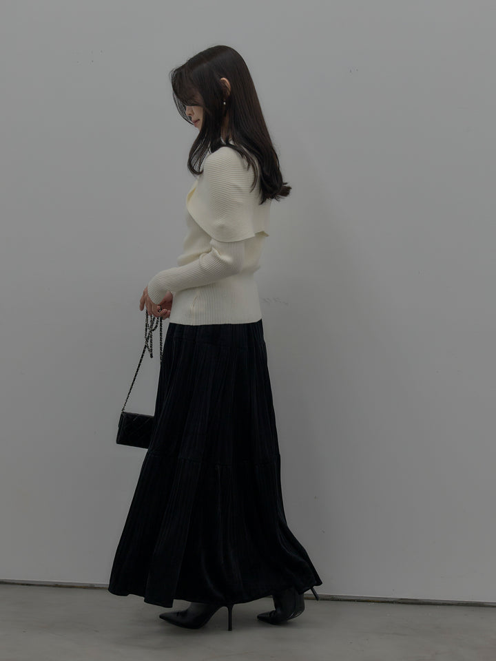 【SET】ケープライクデザインリブニットトップス+ベロアプリーツティアードスカート(2set)