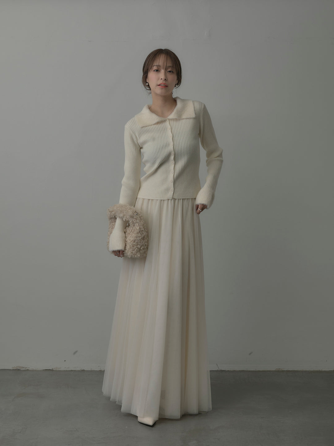 【SET】シャギー襟リブニットポロトップス+ボリュームチュールスカート(2set)