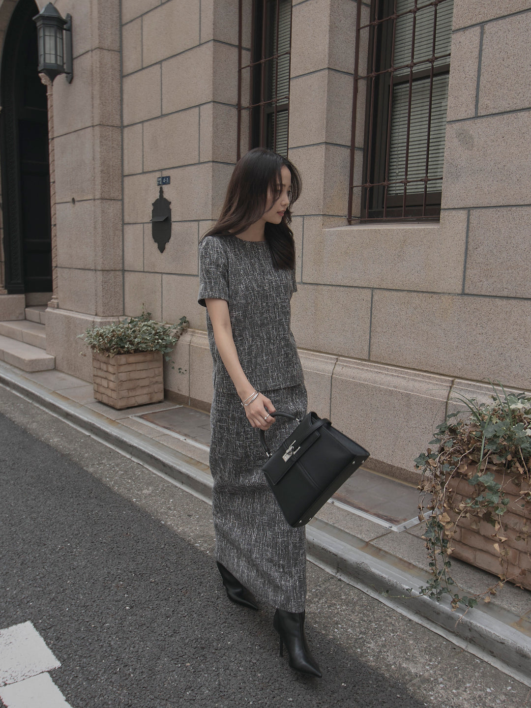 【SET】【Essential】ツイードハーフスリーブトップス+【Essential】ツイードペンシルスカート(2set)