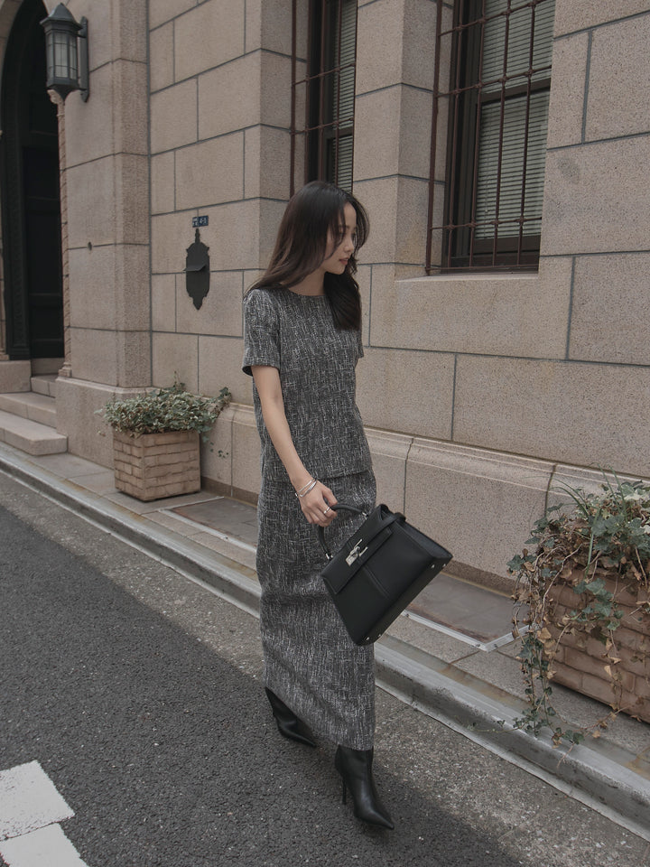 【SET】【Essential】ツイードハーフスリーブトップス+【Essential】ツイードペンシルスカート(2set)