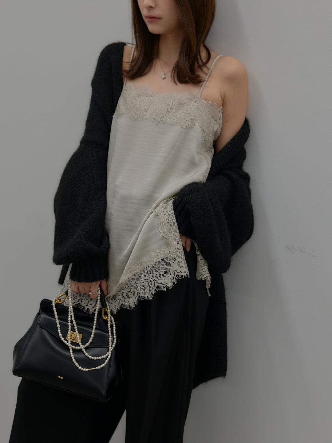 【SET】モヘアライクオーバーニットカーディガン+レースサテンキャミソール(2set)