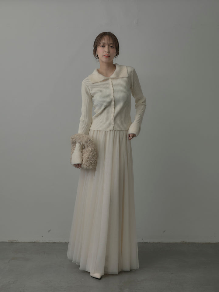 シャギー襟リブニットポロトップス