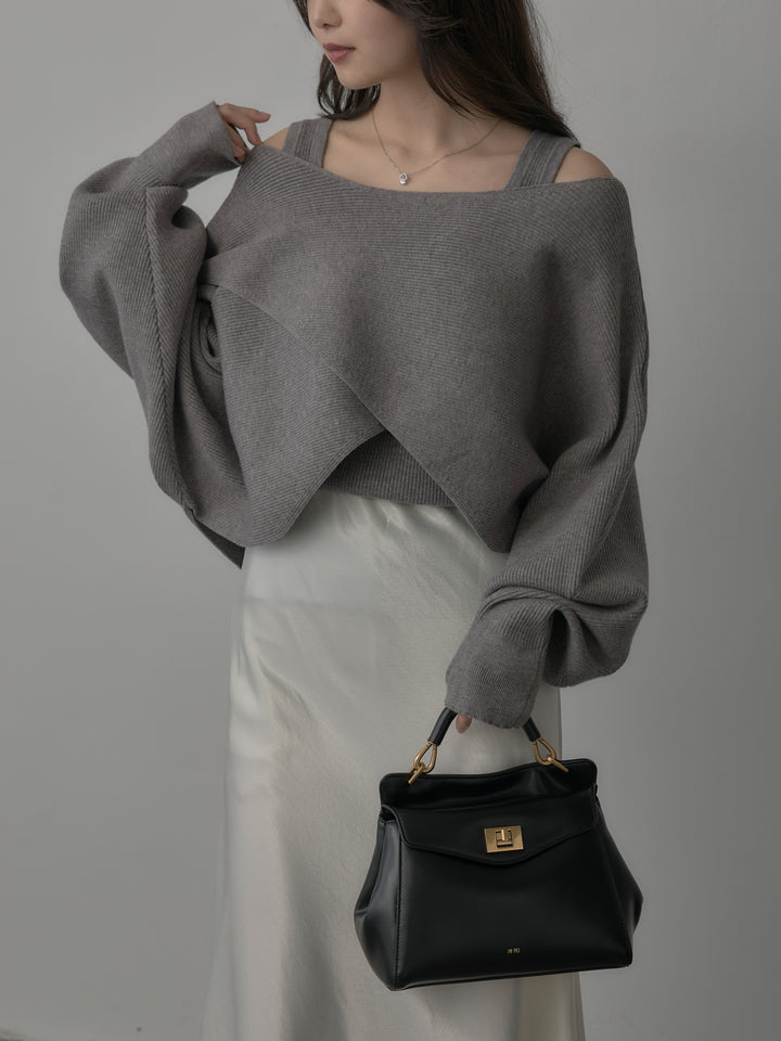 【SET】タンク付きクロスデザインニットプルオーバー+ナローAラインサテンスカート(2set)