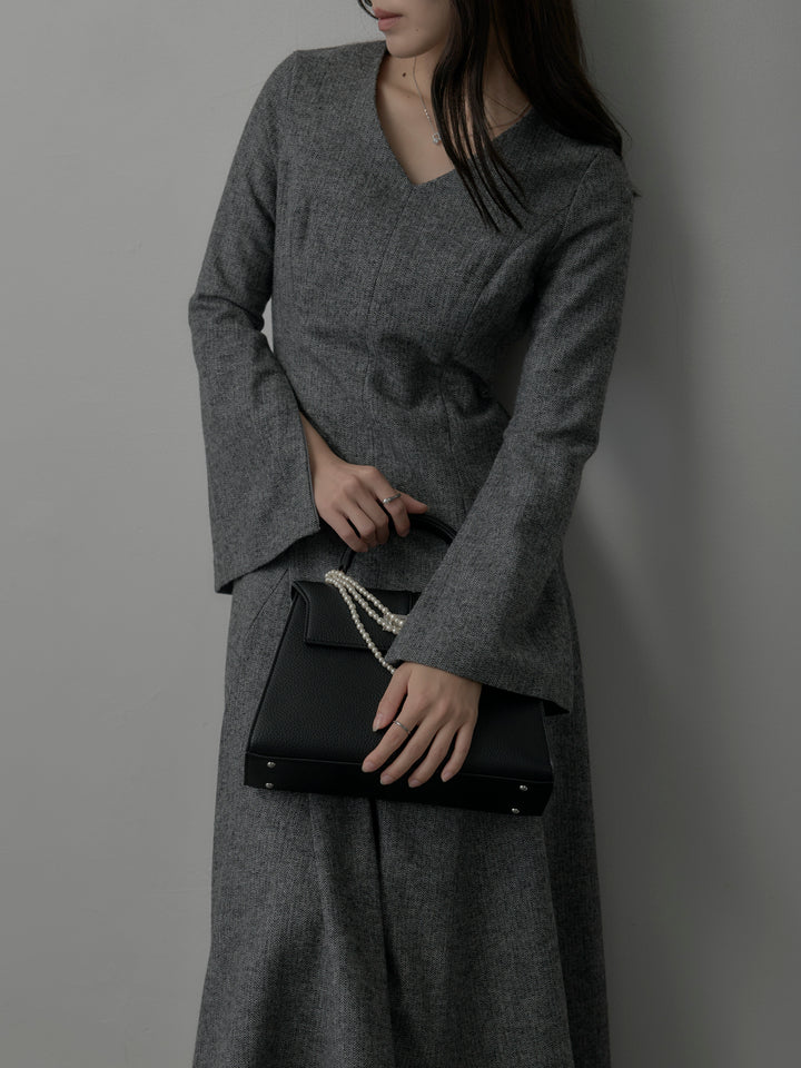 【Essential】2wayスリーブヘリンボーンフレアワンピース