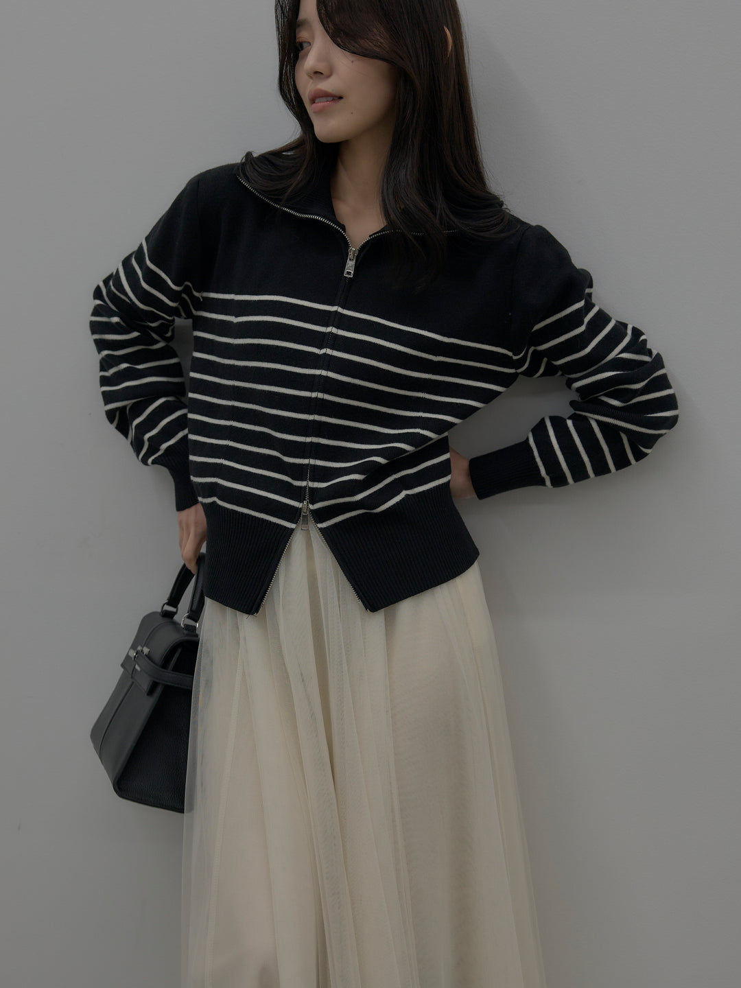 【SET】ダブルZIPハイネックボーダーニットトップス+ボリュームチュールスカート(2set)