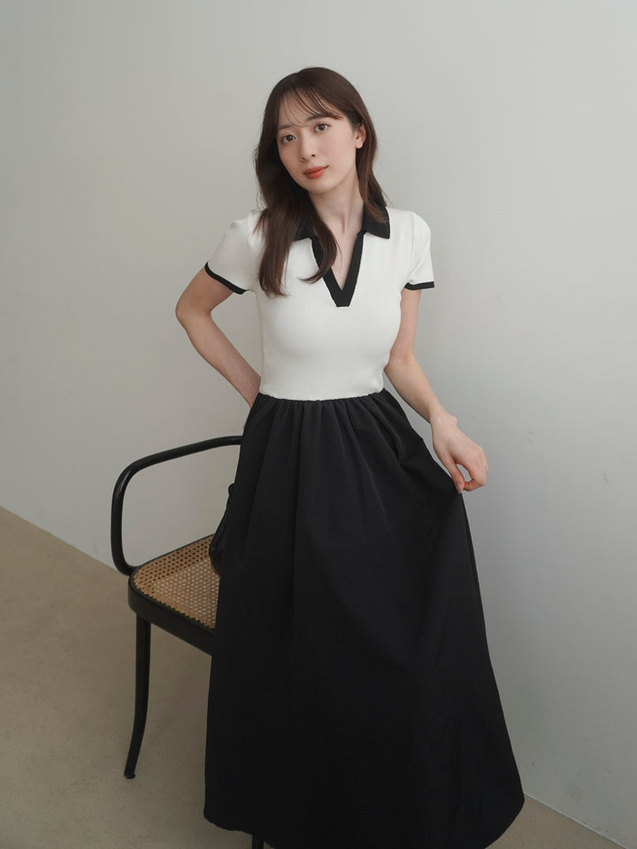 【SET】【Essential】POLO docking half sleeve one piece+【Essential】V neck shirring tiered one piece(2set)