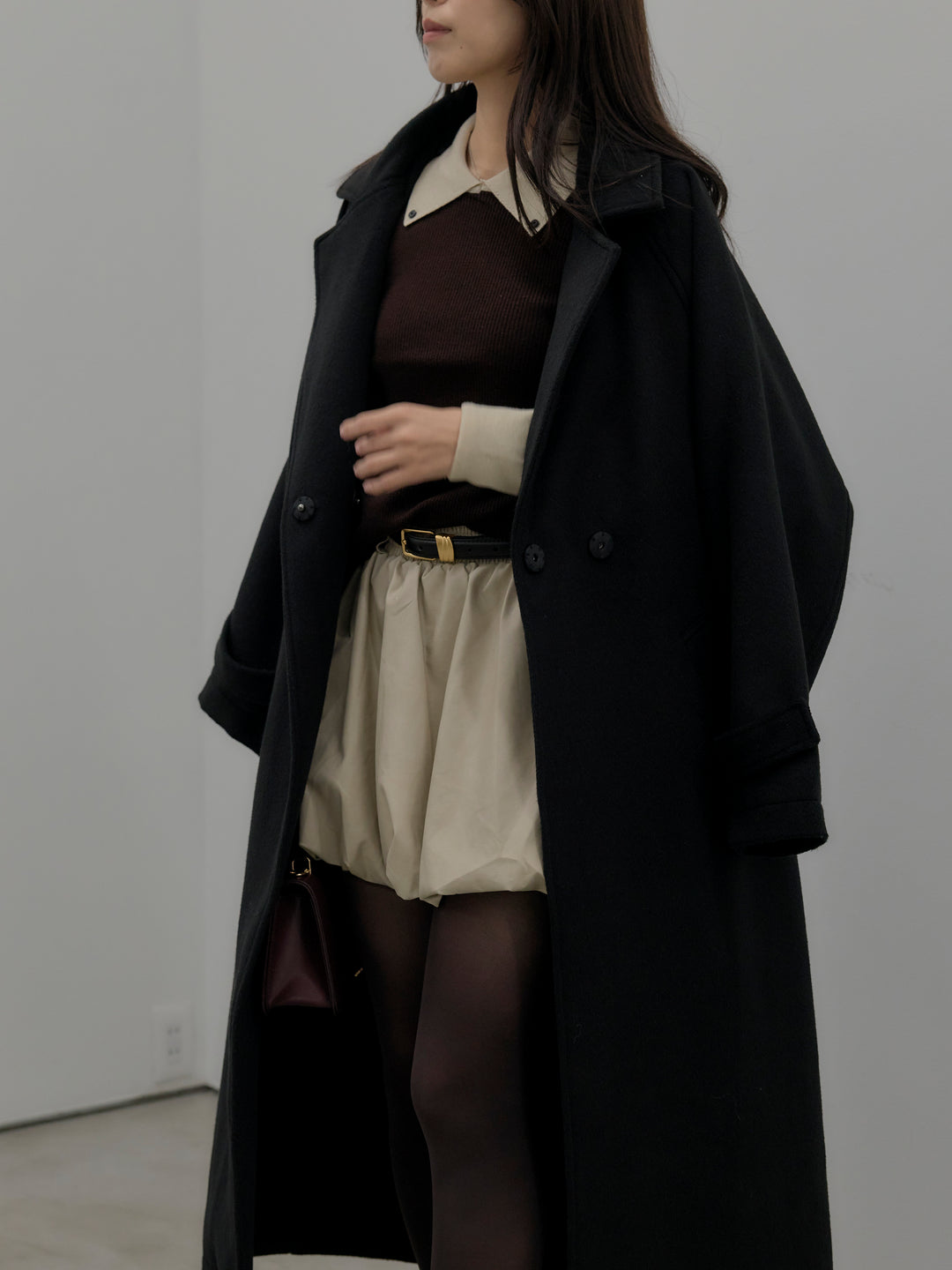 【SET】配色カフスニットポロ+ソフトレザーバルーンミニスカート(2set)