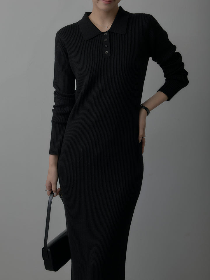 ポロ襟リブニットワンピース