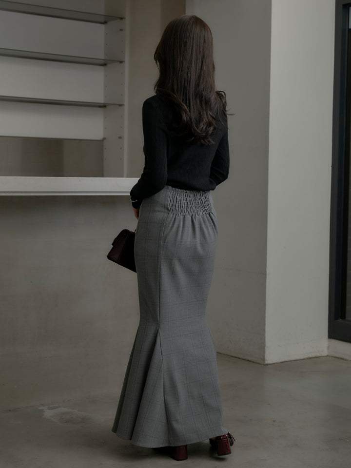 【SET】リブニットタートルネック+【Essential】チェック柄マーメイドスカート(2set)