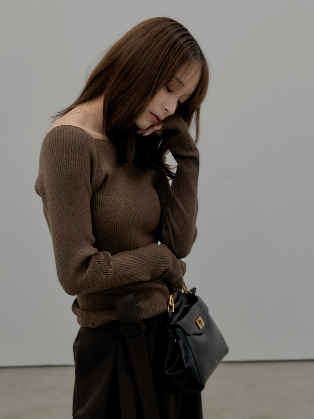 【SET】モヘアライクオーバーニットカーディガン+スクエアネックリブニット+ウエストリボンワイドパンツ(3set)