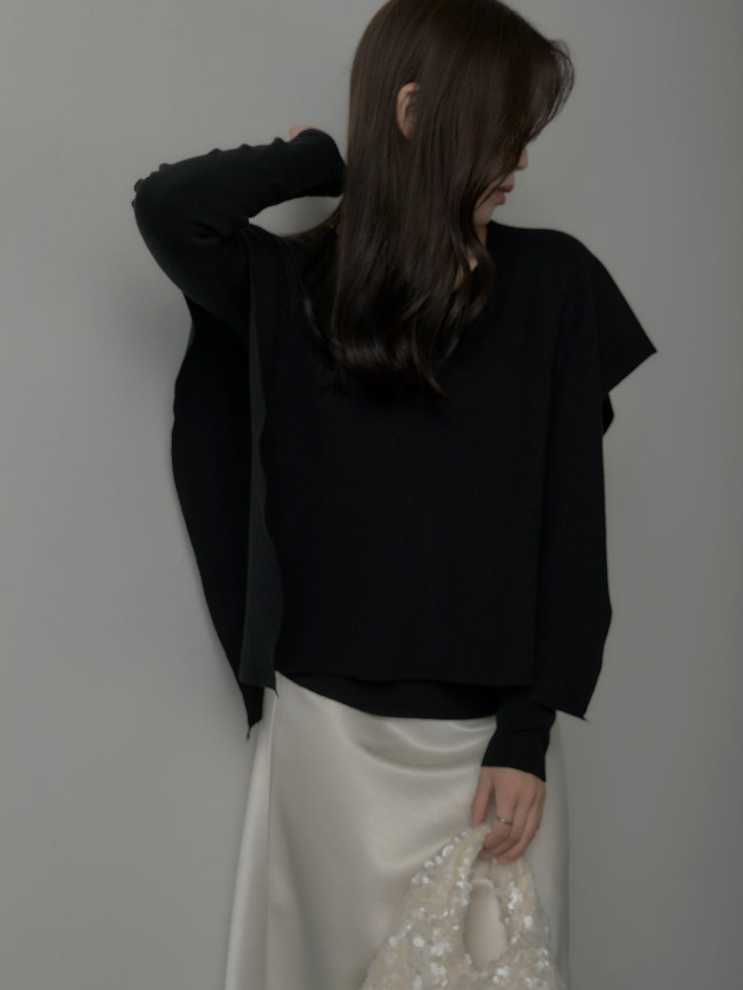 【SET】2wayリブニットポンチョトップス+ヘビーサテンAラインスカート(2set)