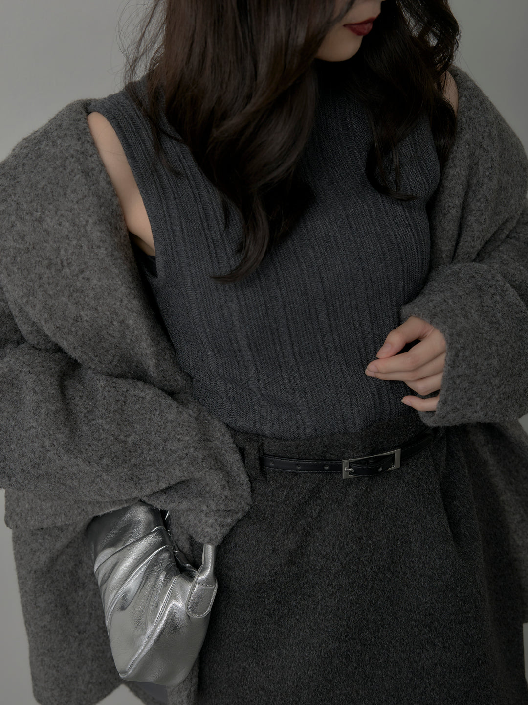 【SET】プチハイネックリブニットタンク+【Essential】ウールタッチミニスカート(2set)