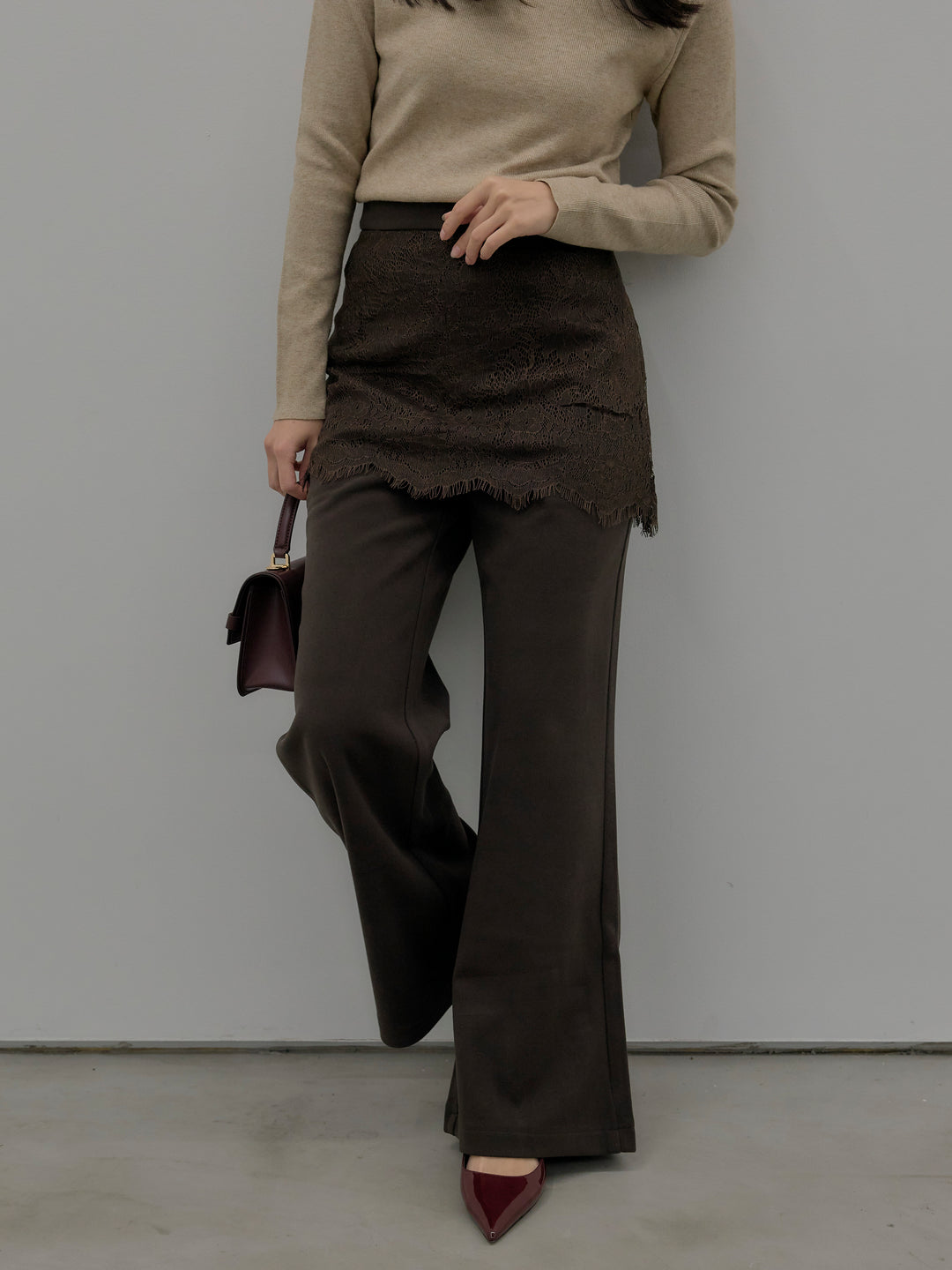 【SET】ベーシックリブタートルネック+レースレイヤードセミフレアパンツ(2set)