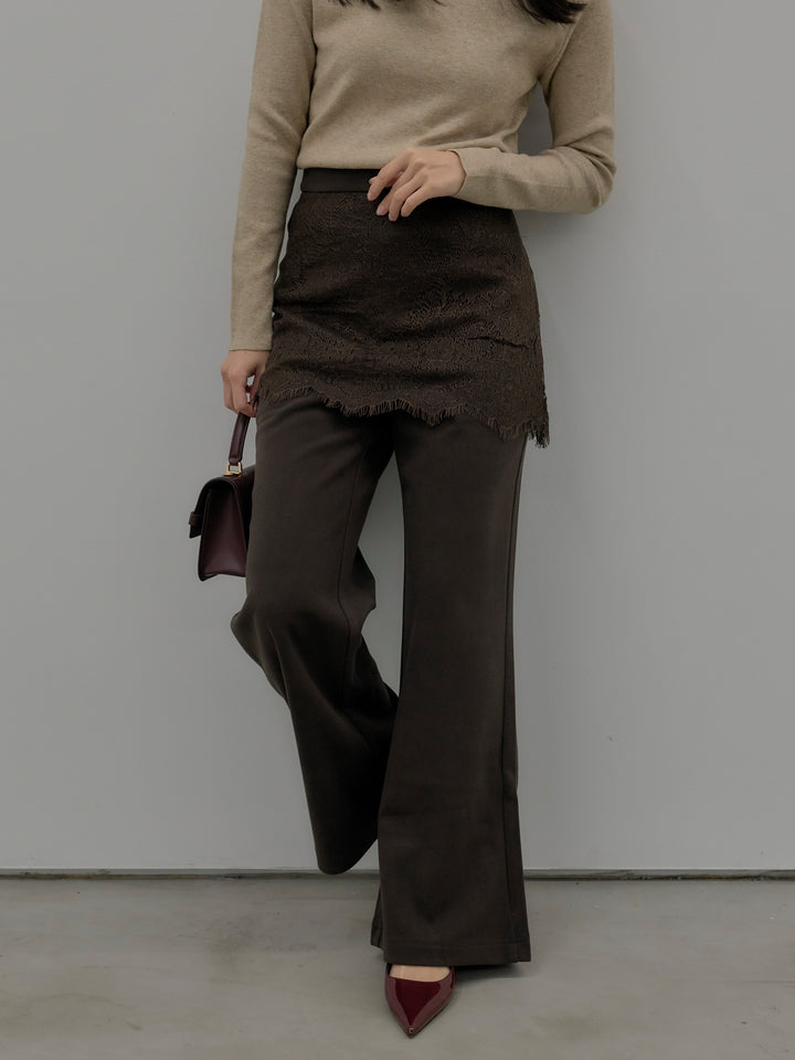 【SET】ベーシックリブタートルネック+レースレイヤードセミフレアパンツ(2set)