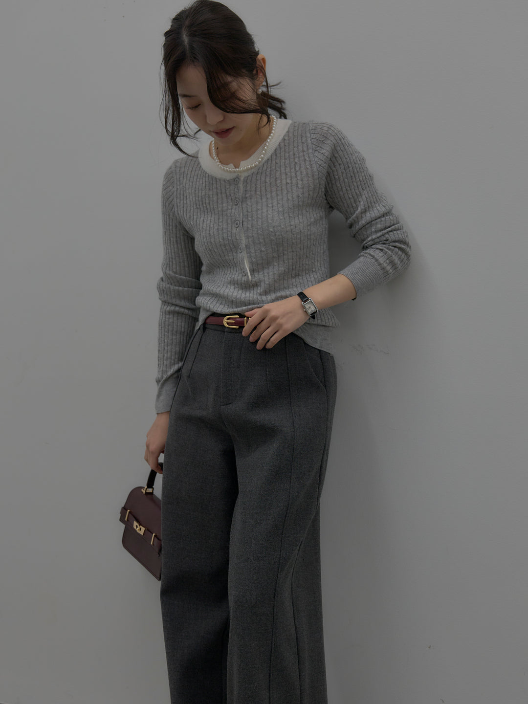 【SET】配色ケーブル編みニットトップス+裏起毛デザインワイドパンツ(2set)