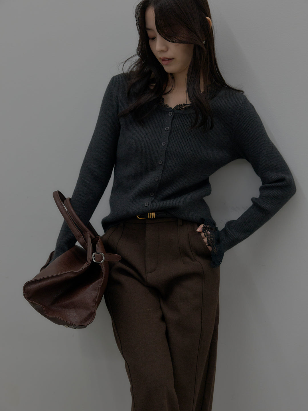 【SET】レースドッキングリブニットトップス+裏起毛デザインワイドパンツ(2set)