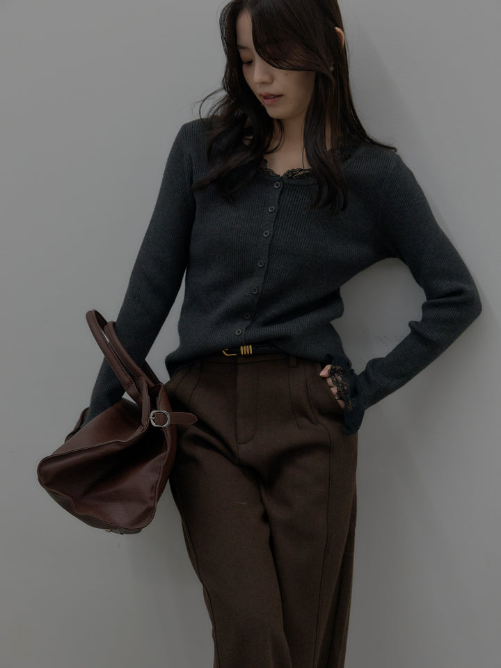 【SET】レースドッキングリブニットトップス+裏起毛デザインワイドパンツ(2set)