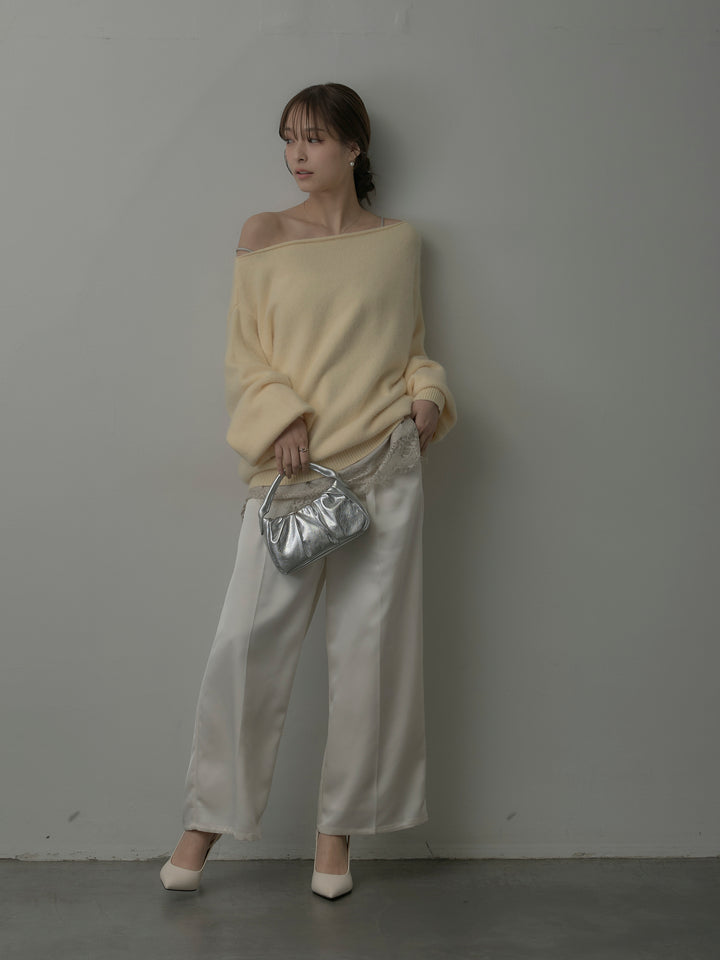 【SET】【premium touch】2wayショルダーニットプルオーバー+レースサテンキャミソール+【Essential】センタープレスサテンパンツ(3set)
