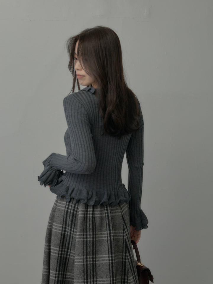 【SET】Vネックフリルデザインニットトップス+【Essential】クラシカルチェックウールタッチスカート(2set)
