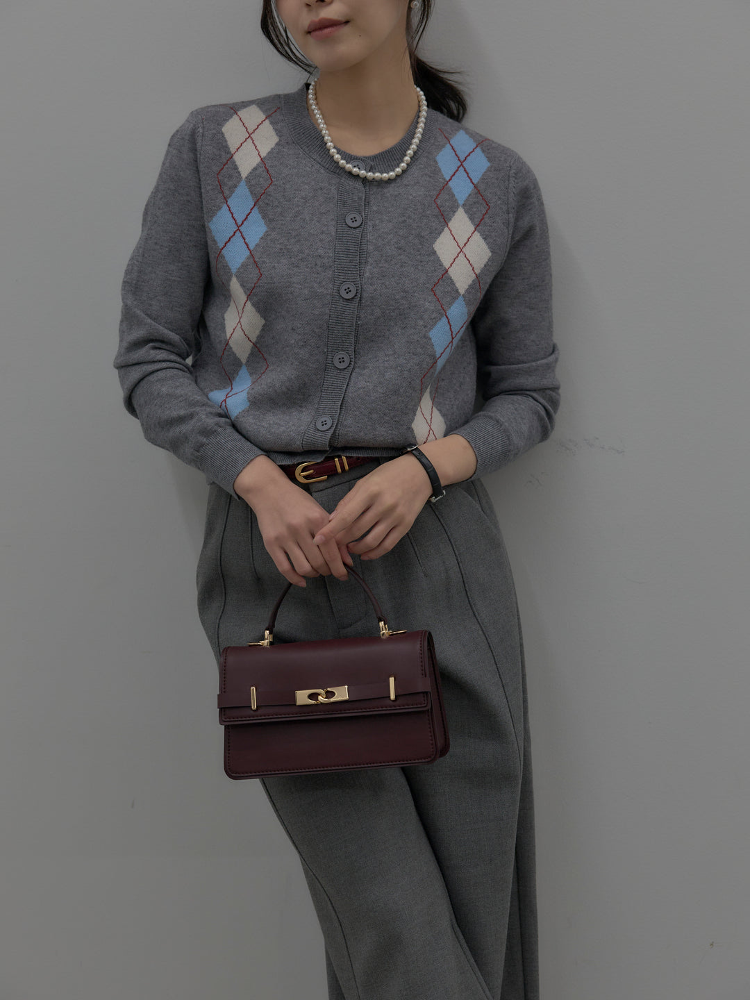 【SET】アーガイル柄ニットカーディガン+裏起毛デザインワイドパンツ(2set)