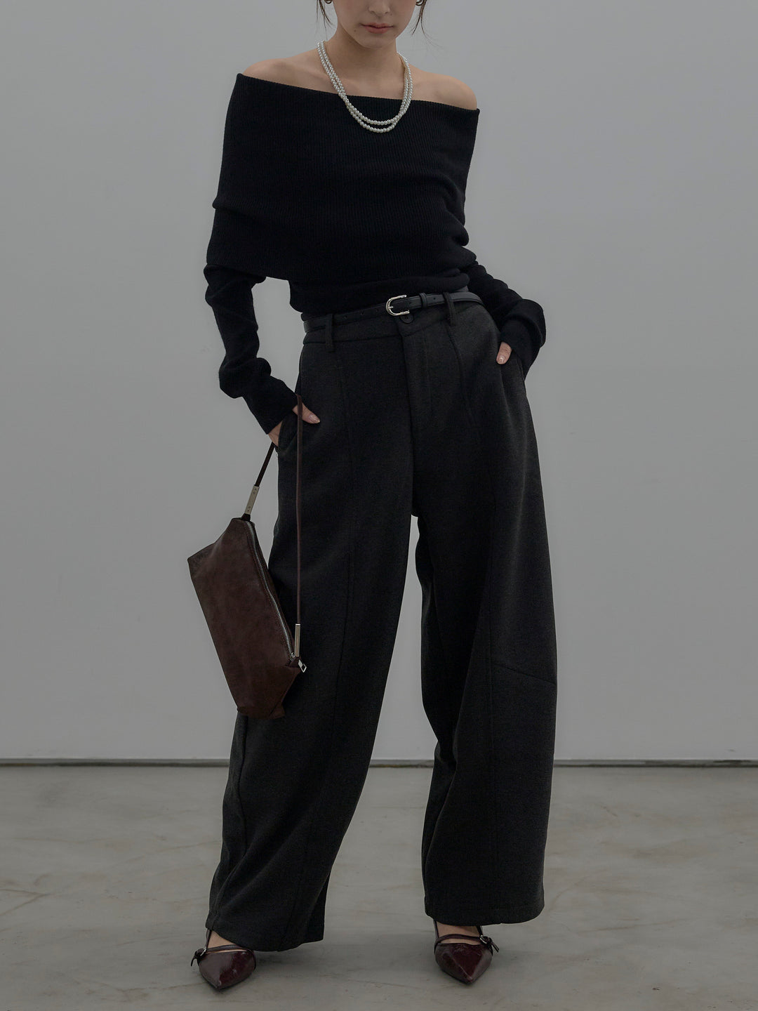 【SET】【premium touch】ソフトリブオフショルニットトップス+カーブデザインスウェットライクパンツ(2set)