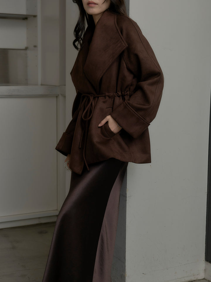 【SET】BIGカラースウェードジャケット+ナローAラインサテンスカート(2set)