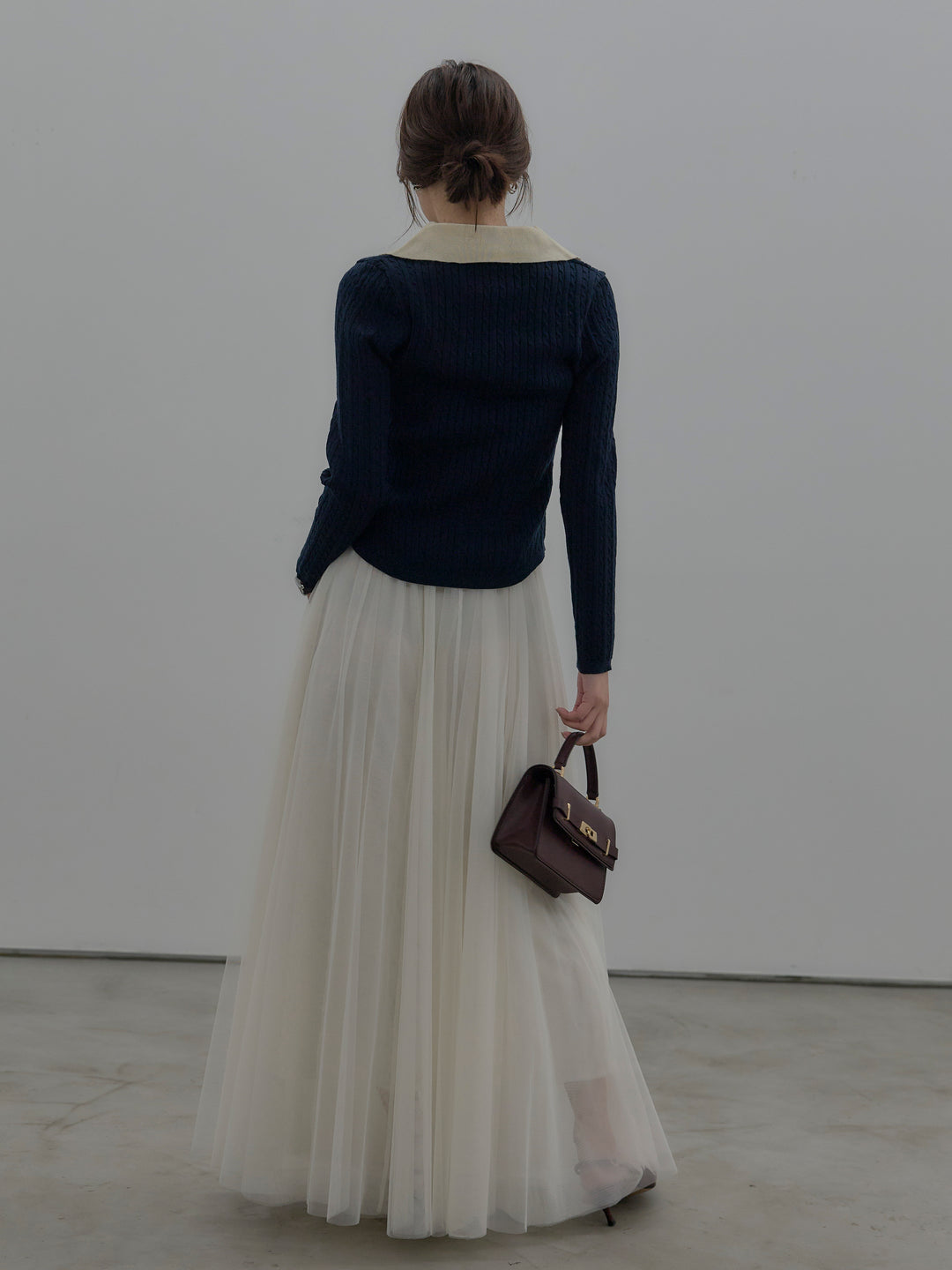 【SET】配色Vネックケーブルニットトップス+ボリュームチュールスカート(2set)