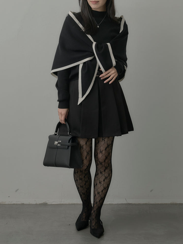 【SET】配色スカーフ付きニットトップス+ベルト付きプリーツミニスカート(2set)