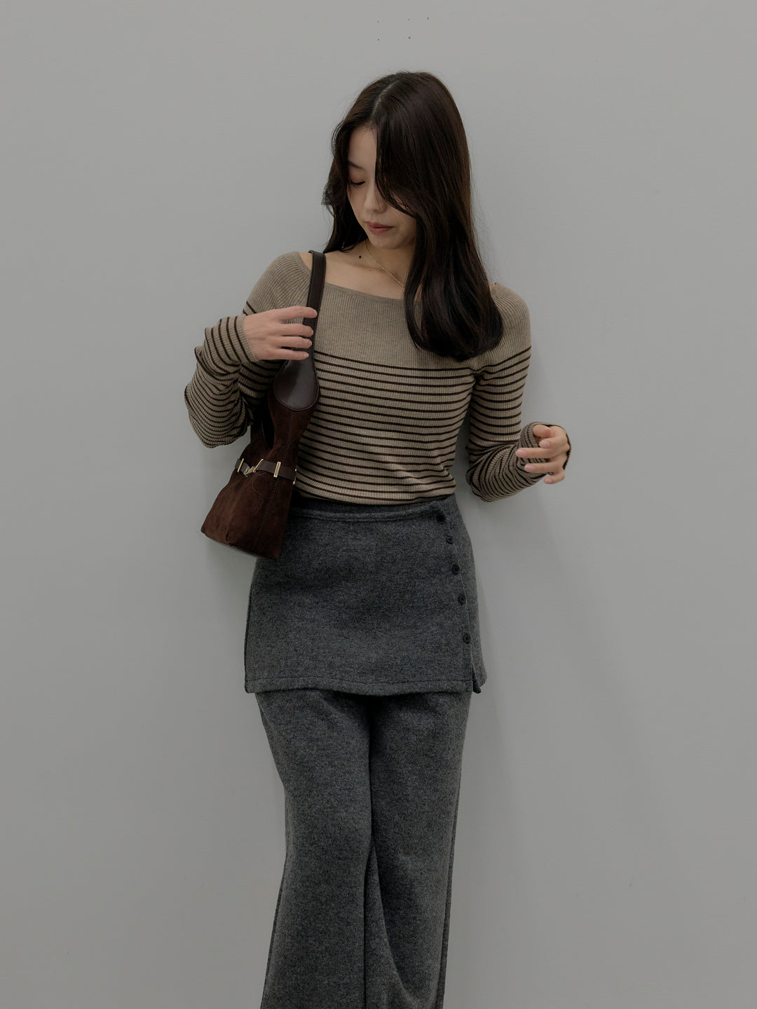 【SET】ハーフボーダーニットトップス+ミックスヤーンニットラップパンツ(2set)