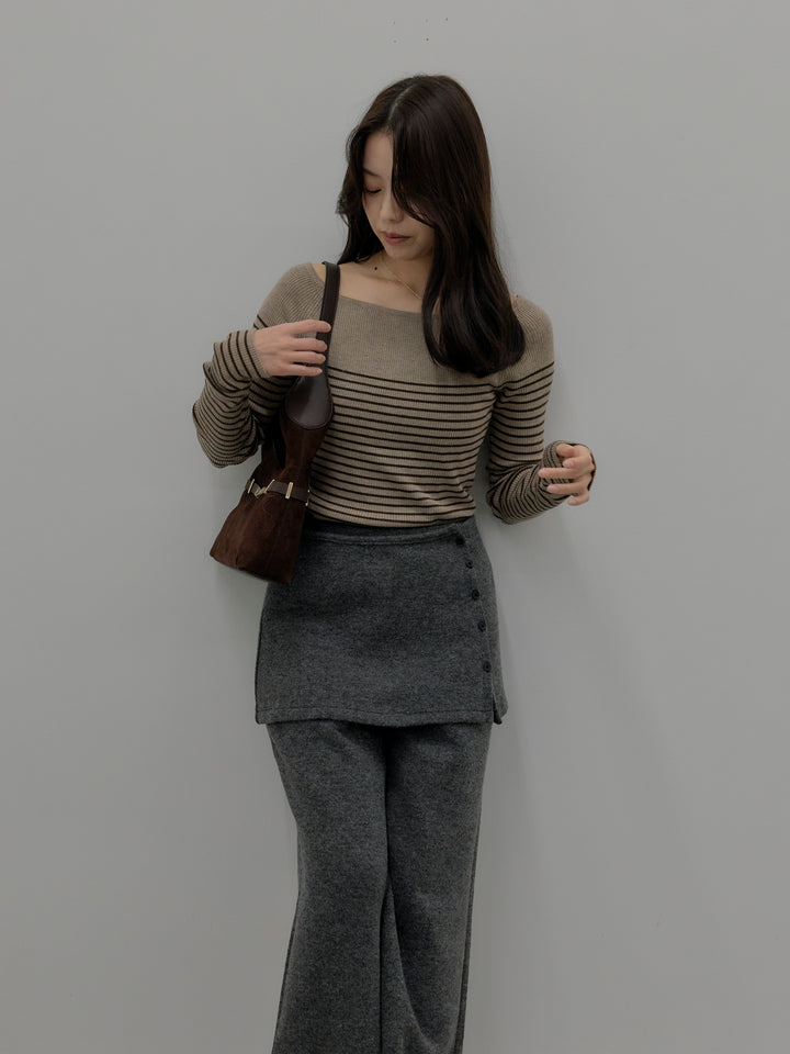 【SET】ハーフボーダーニットトップス+ミックスヤーンニットラップパンツ(2set)