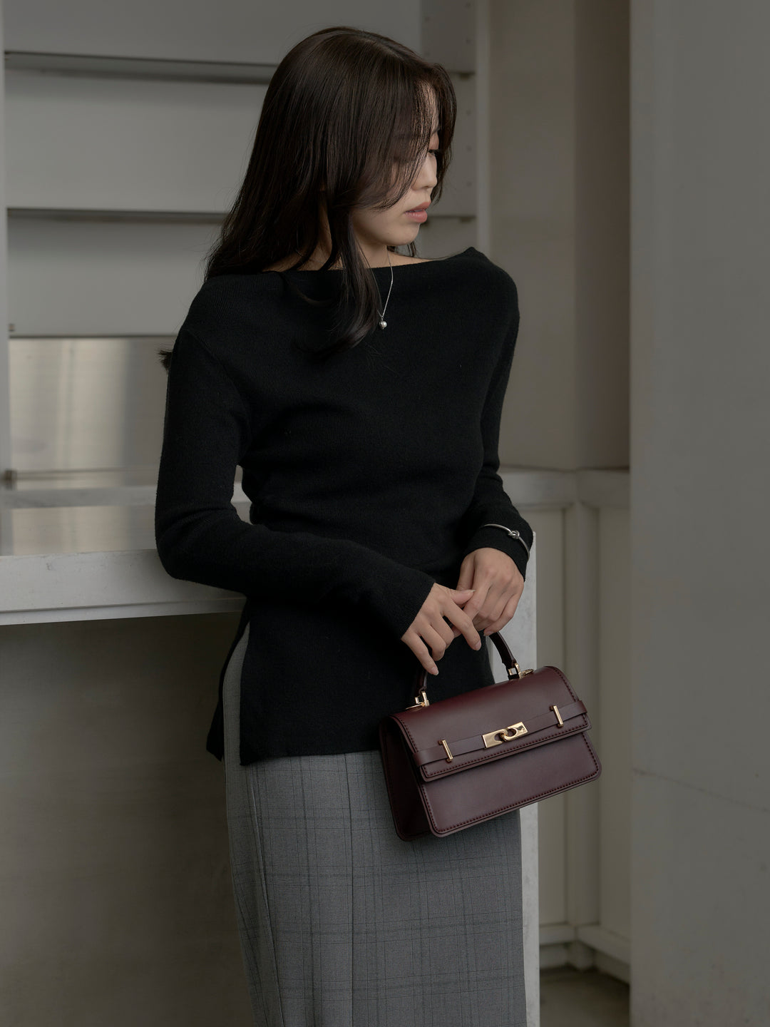 【SET】サイドスリットボートネックニットトップス+【Essential】チェック柄マーメイドスカート(2set)