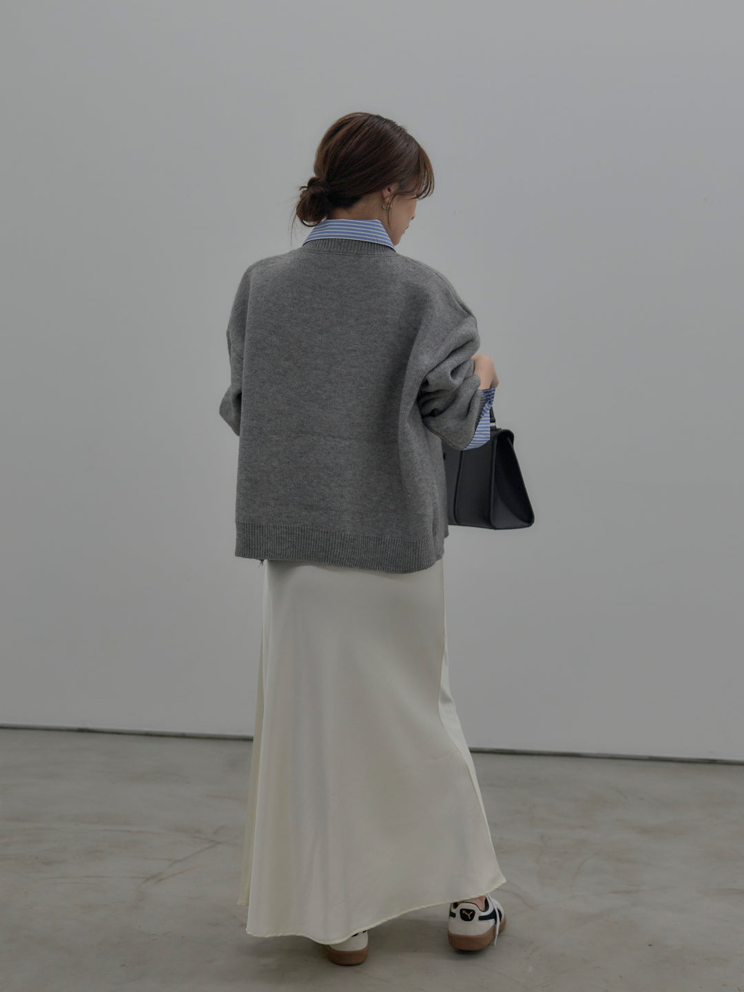 【SET】シャツドッキング肉厚ニットプルオーバー+ナローAラインサテンスカート(2set)