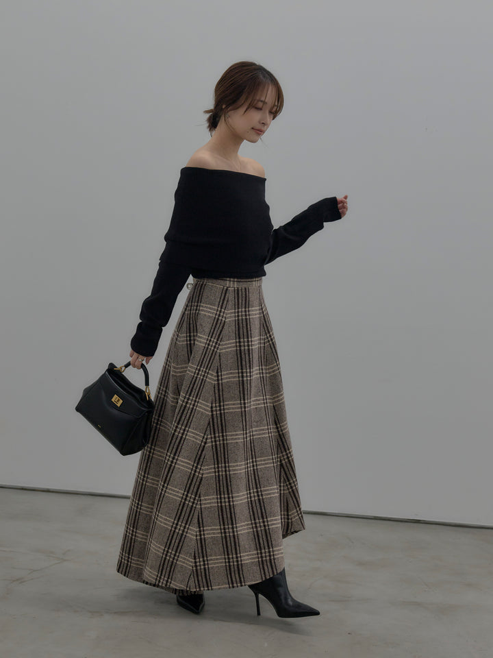 【SET】【premium touch】ソフトリブオフショルニットトップス+【Essential】クラシカルチェックウールタッチスカート(2set)