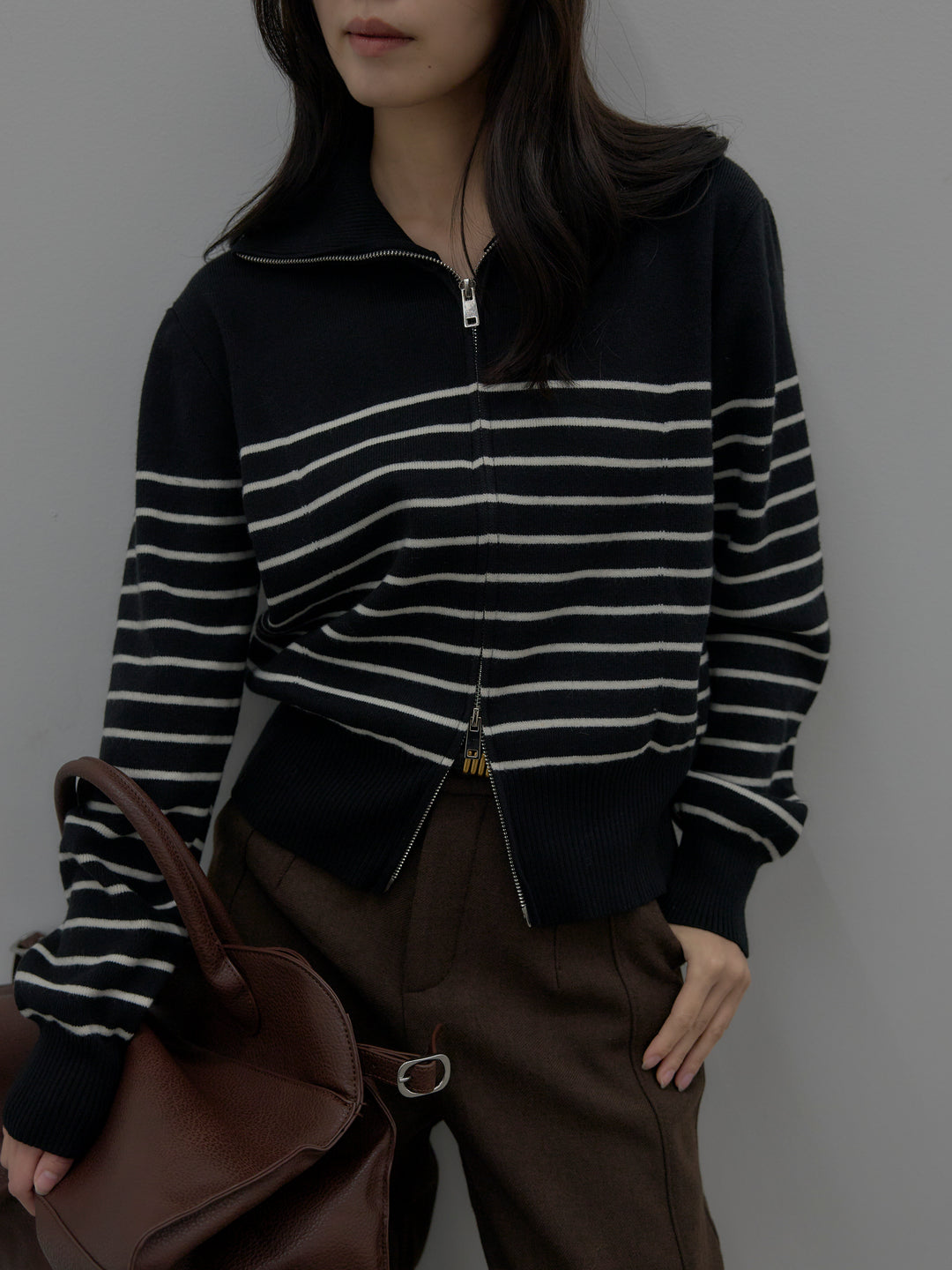 ダブルZIPハイネックボーダーニットトップス