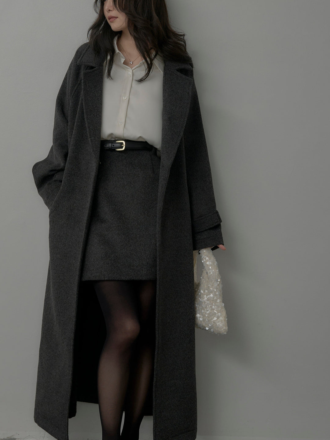 【SET】【Essential】ソフトウールリバートレンチコート+ケープ付きオーバーサテンシャツ+【Essential】ウールタッチミニスカート(3set)