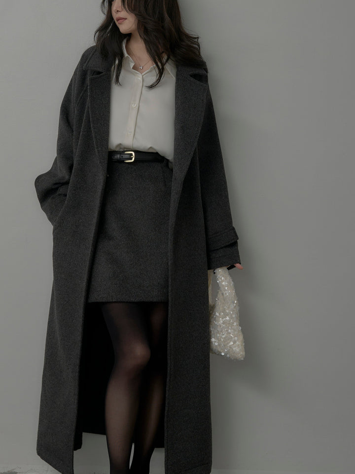 【SET】【Essential】ソフトウールリバートレンチコート+ケープ付きオーバーサテンシャツ+【Essential】ウールタッチミニスカート(3set)