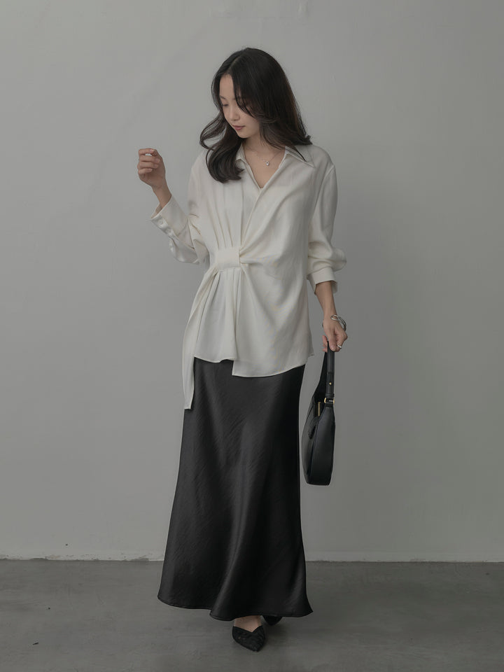 【SET】フロントラップデザインシャツ+ナローAラインサテンスカート(2set)