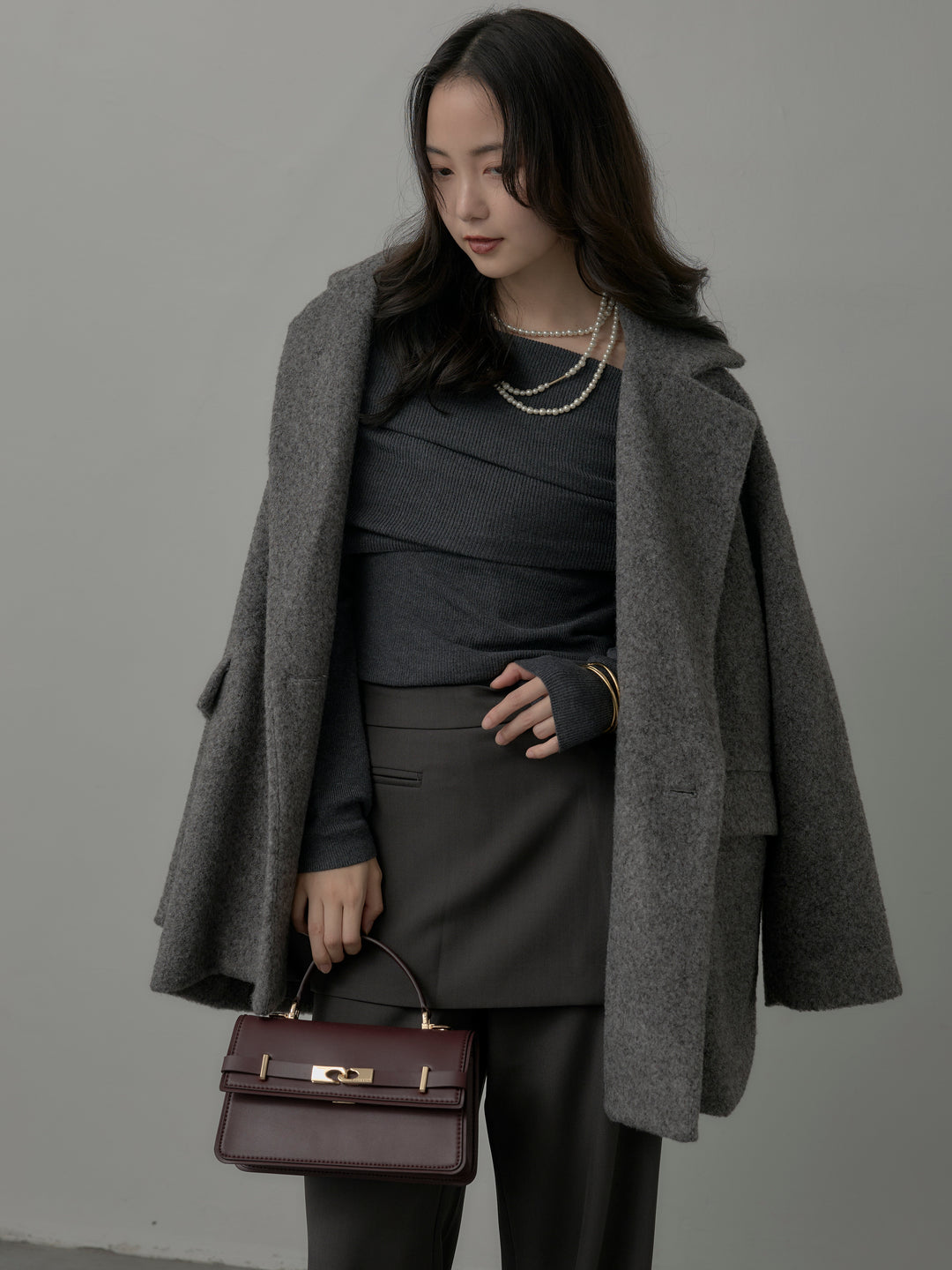 【SET】【Essential】オーバーサイズジャケットコート+オフショルリブニットトップス+ラップワイドパンツ(3set)