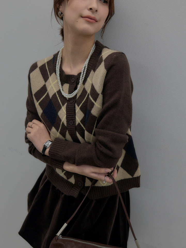 【SET】アーガイル柄コンパクトニットカーディガン+ベロアバルーンミニスカート(インパン付き)(2set)