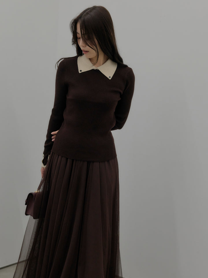 【SET】配色カフスニットポロ+ボリュームチュールスカート(2set)