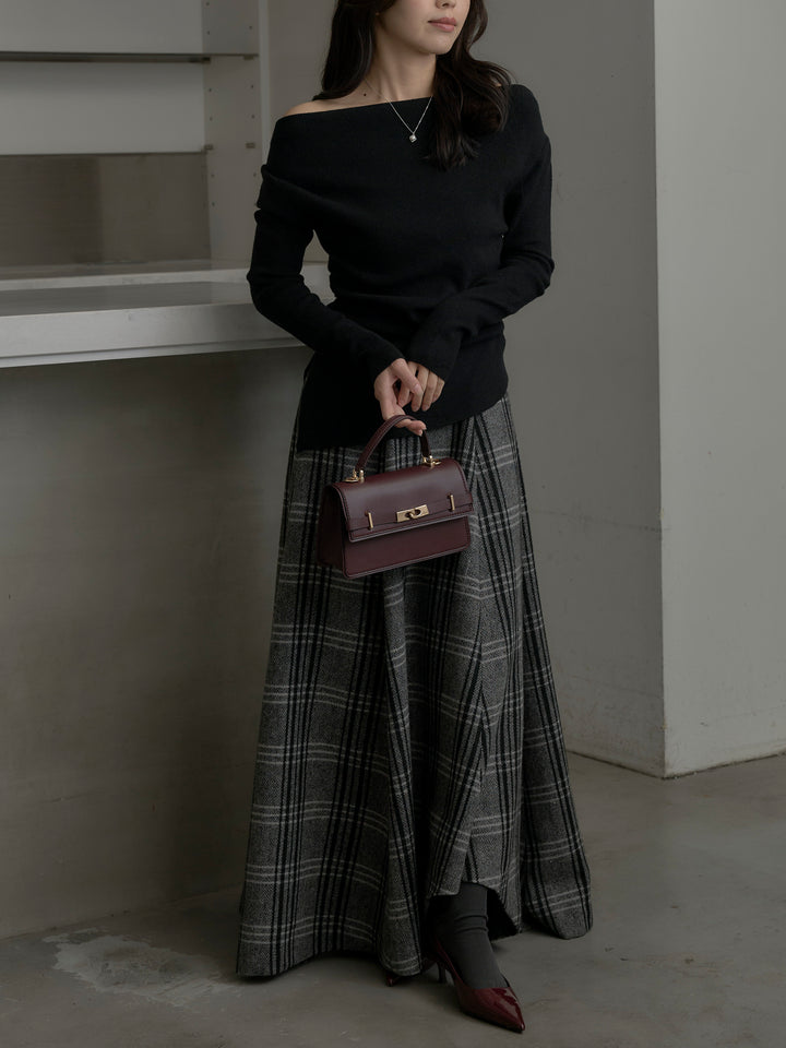 【SET】サイドスリットボートネックニットトップス+【Essential】クラシカルチェックウールタッチスカート(2set)