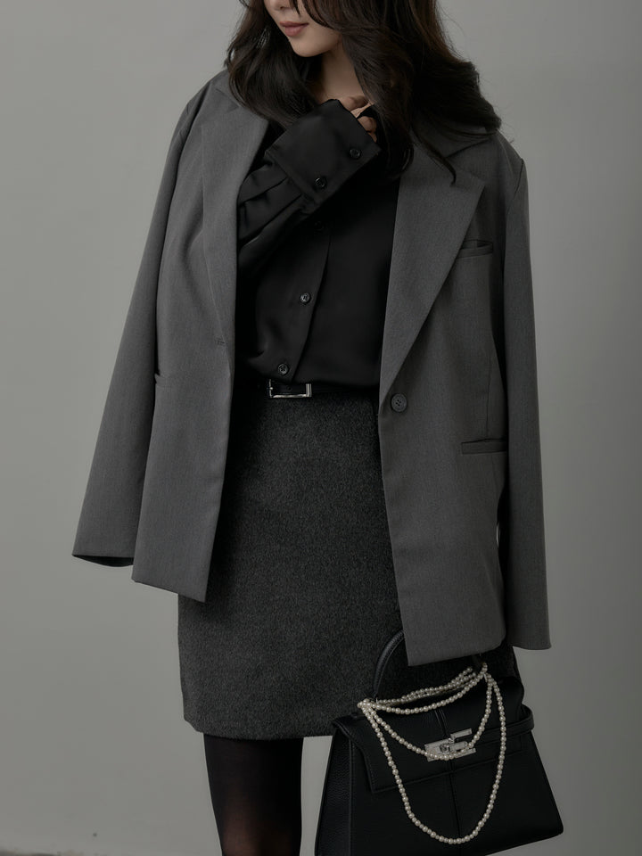 【SET】【Essential】ボックスシルエットテーラードジャケット+【Essential】ウールタッチミニスカート(2set)