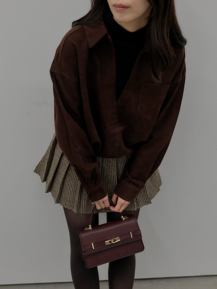 【SET】ドッキングデザイン裾ドロストスエードシャツ+ハウンドトゥースプリーツミニスカート(2set)