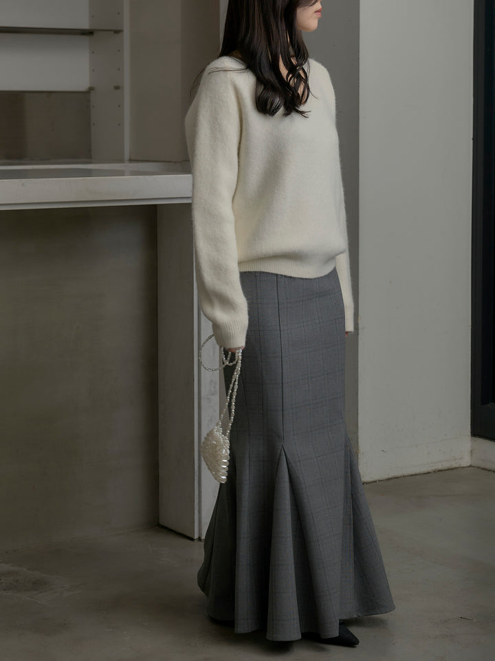 【SET】モヘアタッチVネックニットプルオーバー+【Essential】チェック柄マーメイドスカート(2set)