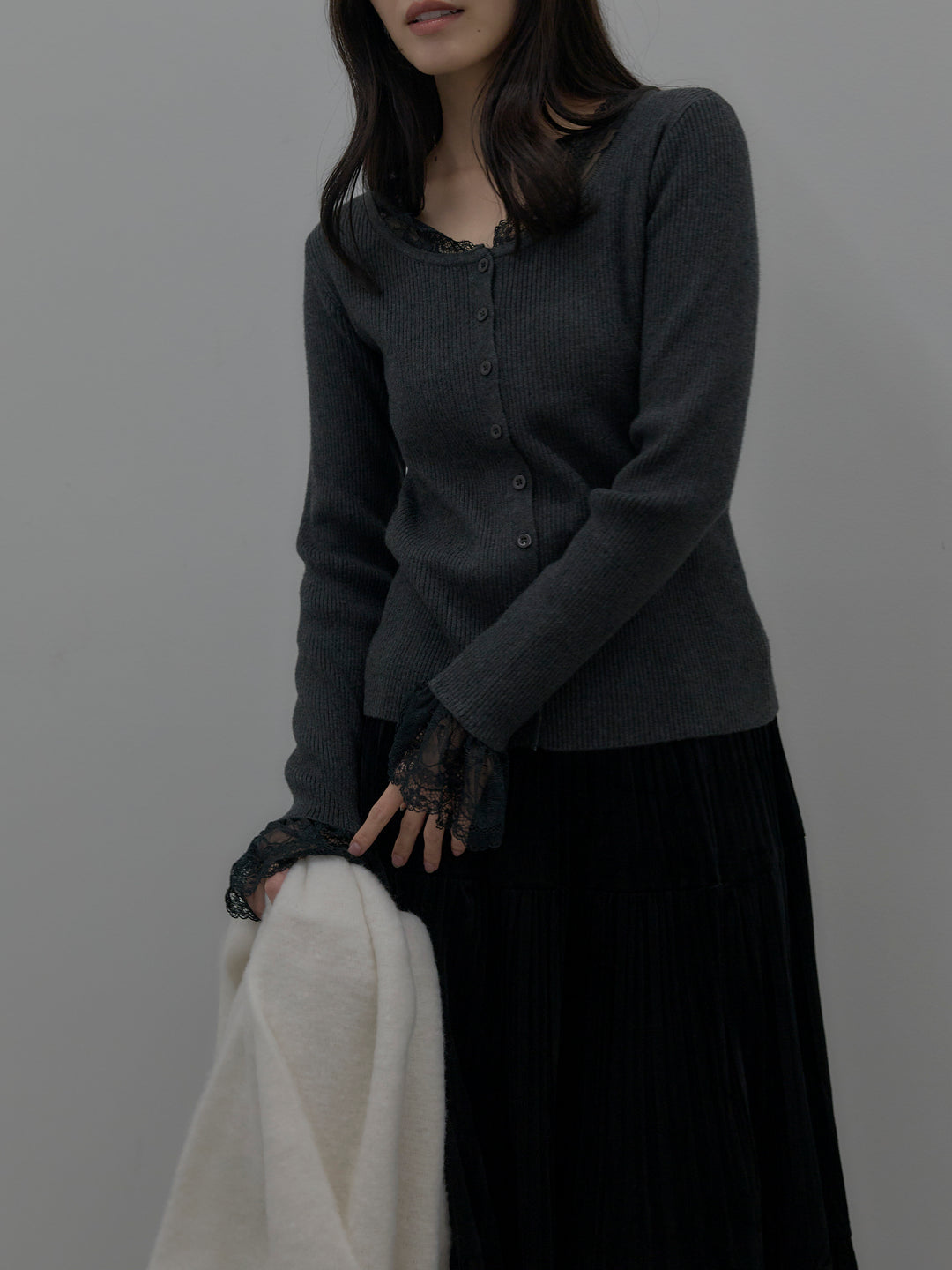 【SET】レースドッキングリブニットトップス+ベロアプリーツティアードスカート(2set)