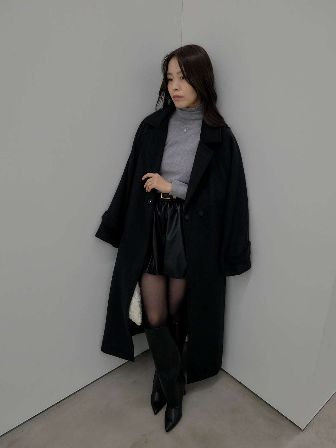 【SET】ベーシックリブタートルネック+ソフトレザーバルーンミニスカート(2set)