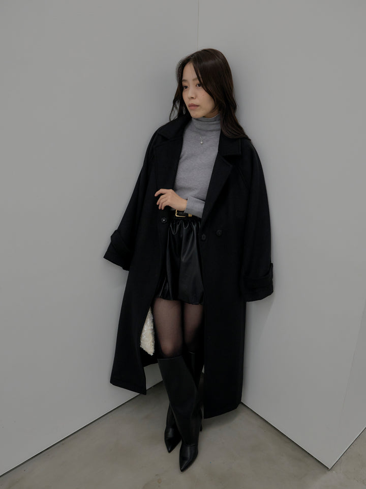 【SET】ベーシックリブタートルネック+ソフトレザーバルーンミニスカート(2set)