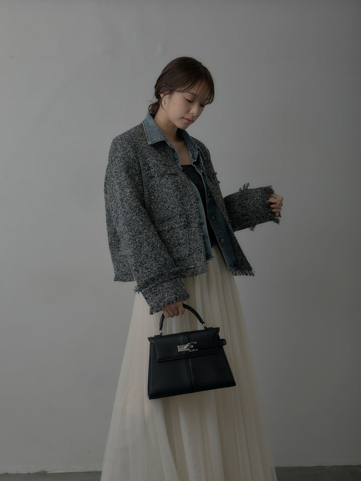 【SET】デニムドッキングオーバーサイズツイードジャケット+ボリュームチュールスカート(2set)