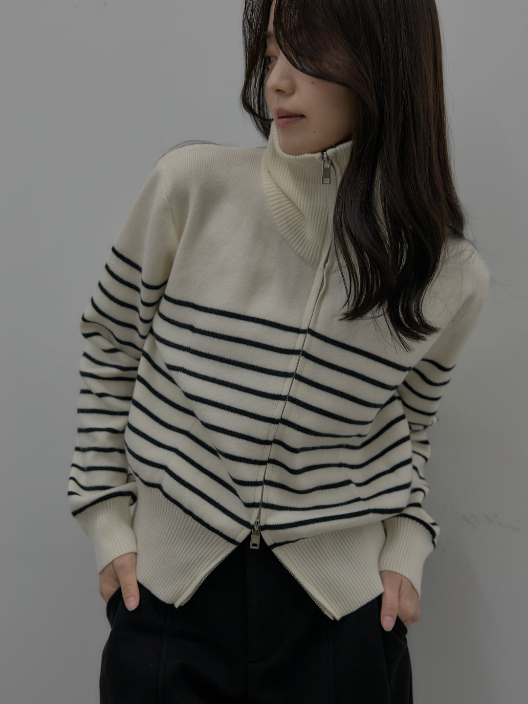 【SET】比翼仕立てサテンシャツ+裏起毛センターシームタックワイドパンツ(2set)